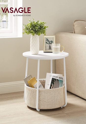 VASAGLE sidebord, rund, m. 1 stofkurv - beige polyester og hvid spnplade/stl (45)