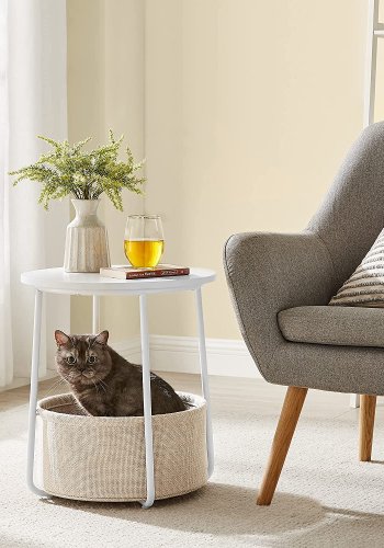 VASAGLE sidebord, rund, m. 1 stofkurv - beige polyester og hvid spnplade/stl (45)