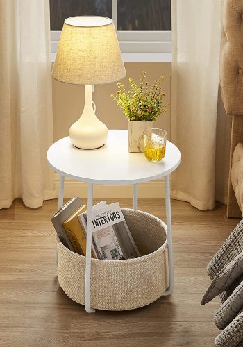 VASAGLE sidebord, rund, m. 1 stofkurv - beige polyester og hvid spnplade/stl (45)