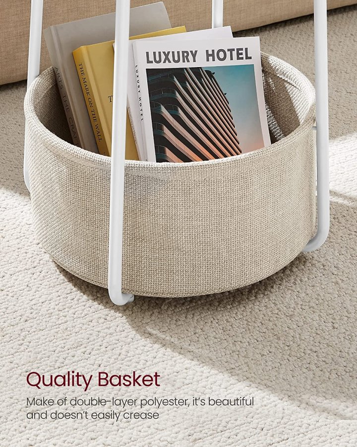 VASAGLE sidebord, rund, m. 1 stofkurv - beige polyester og hvid spnplade/stl (45)