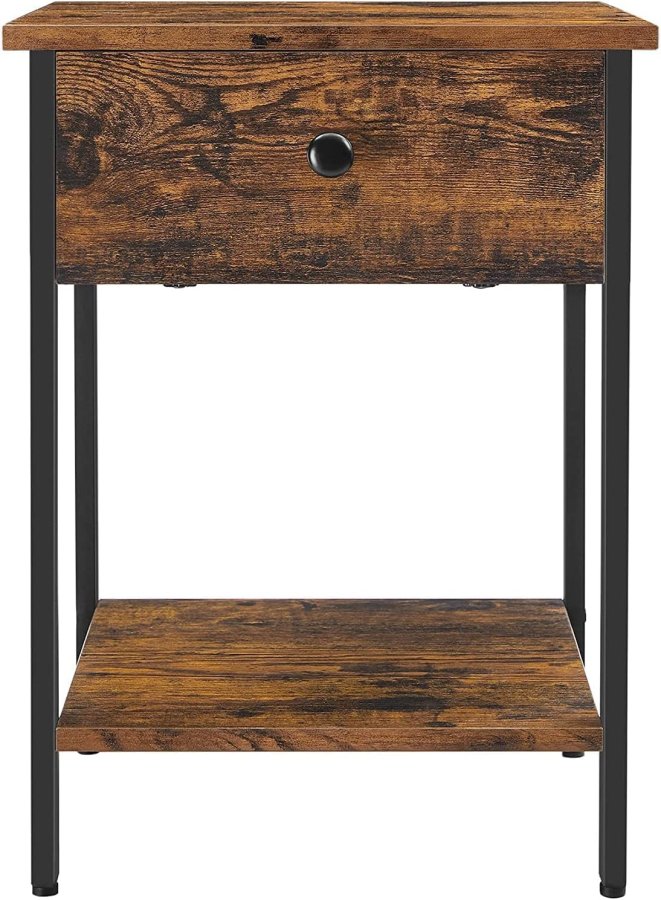 VASAGLE sidebord, m. 1 hylde og 1 skuffe - brun spnplade og sort jern (39,87x39,87)