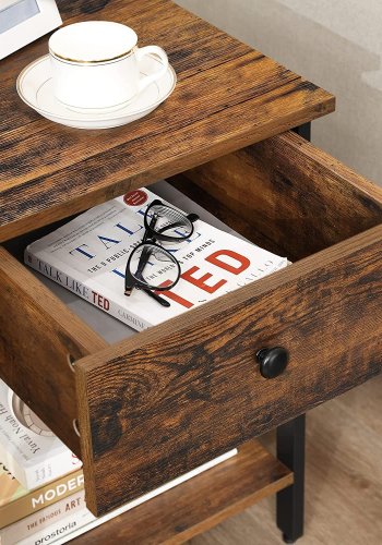 VASAGLE sidebord, m. 1 hylde og 1 skuffe - brun spnplade og sort jern (39,87x39,87)