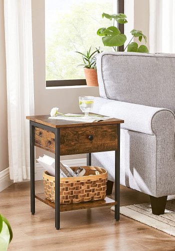 VASAGLE sidebord, m. 1 hylde og 1 skuffe - brun spnplade og sort jern (39,87x39,87)