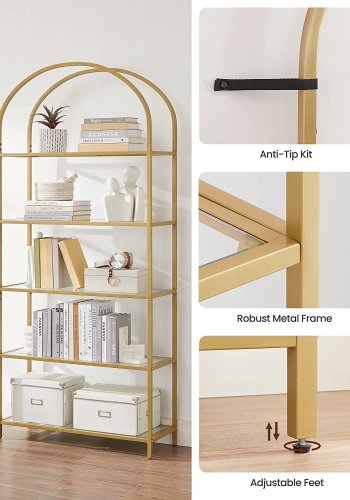 VASAGLE reol, m. 5 glashylder - guld stl