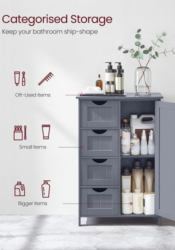 VASAGLE badevrelsesskab, m. 1 lge, 1 justerbar hylde, 4 skuffer - gr MDF