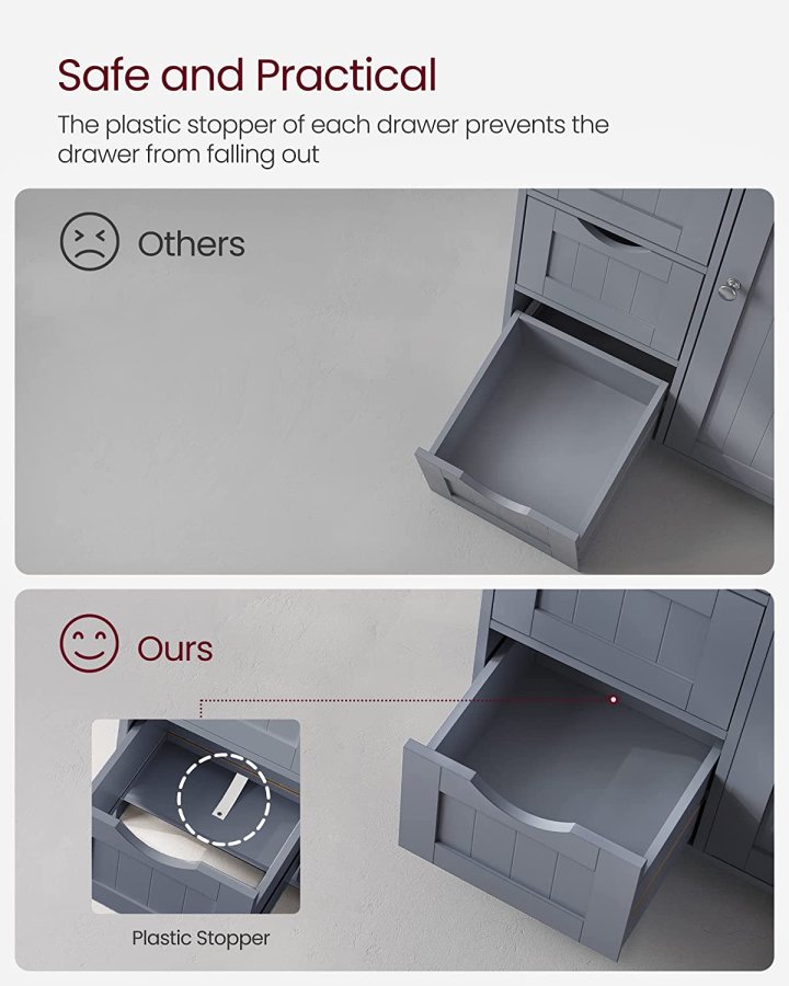 VASAGLE badevrelsesskab, m. 1 lge, 1 justerbar hylde, 4 skuffer - gr MDF