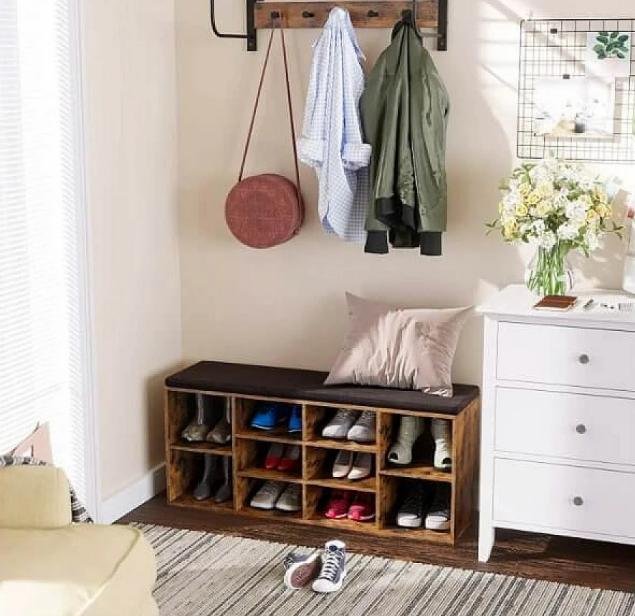 VASAGLE polstret opbevaringsbnk med meshhylde (104x30 cm)