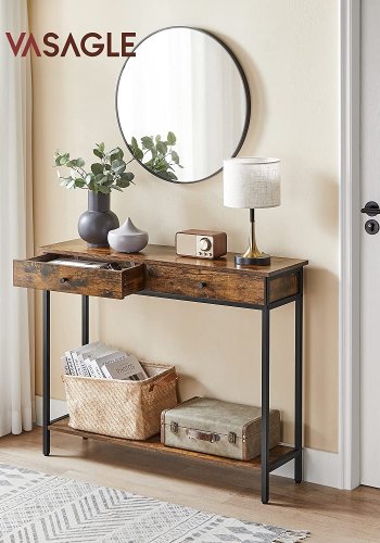 VASAGLE konsolbord, m. 1 hylde og 2 skuffer - rustik brun spnplade og sort stl (100x30)