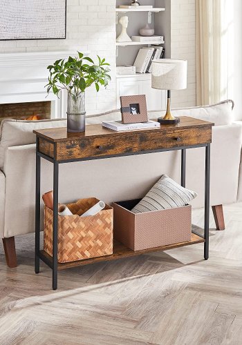 VASAGLE konsolbord, m. 1 hylde og 2 skuffer - rustik brun spnplade og sort stl (100x30)