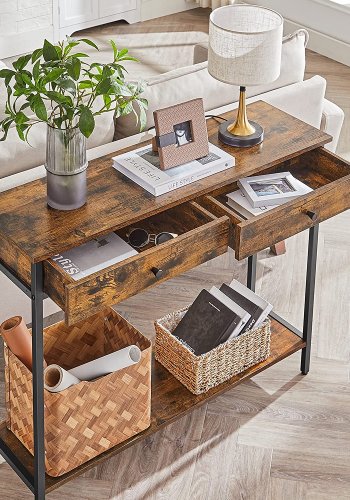 VASAGLE konsolbord, m. 1 hylde og 2 skuffer - rustik brun spnplade og sort stl (100x30)