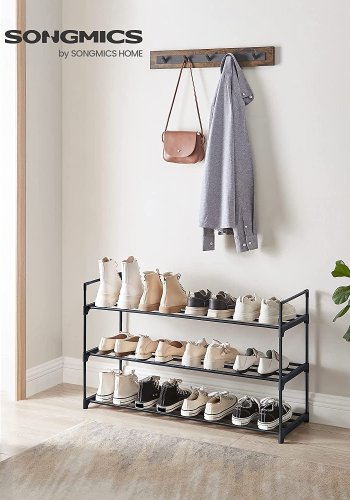 SONGMICS skohylde, m. 3 hylder, stabelbar, passer til 12 til 15 par sko - sort metal