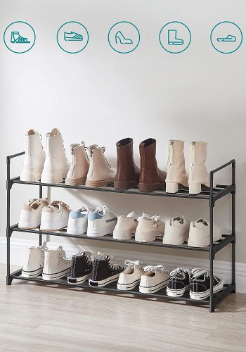 SONGMICS skohylde, m. 3 hylder, stabelbar, passer til 12 til 15 par sko - sort metal