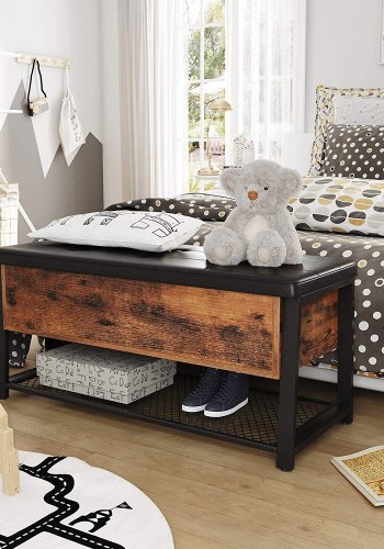 VASAGLE bnk, m. PU hynde, 1 hylde og opbevaringsplads - rustik brun spnplade og sort stl (100x40)