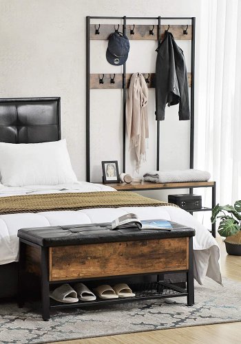 VASAGLE bnk, m. PU hynde, 1 hylde og opbevaringsplads - rustik brun spnplade og sort stl (100x40)