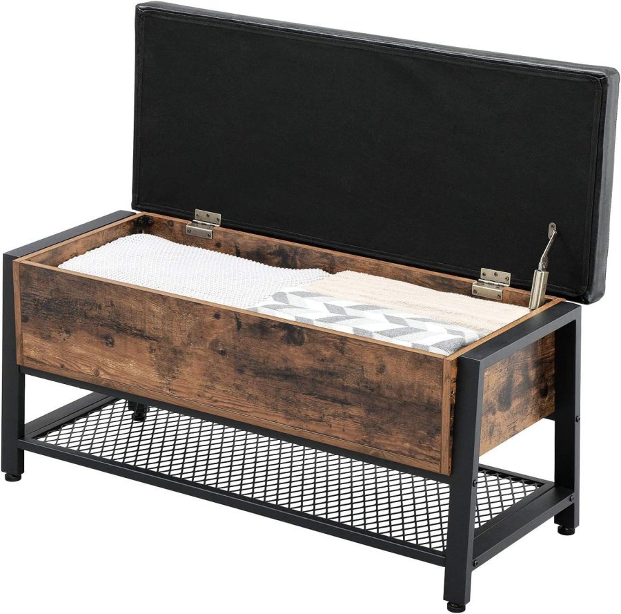 VASAGLE bnk, m. PU hynde, 1 hylde og opbevaringsplads - rustik brun spnplade og sort stl (100x40)