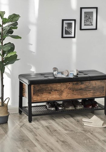 VASAGLE bnk, m. PU hynde, 1 hylde og opbevaringsplads - rustik brun spnplade og sort stl (100x40)