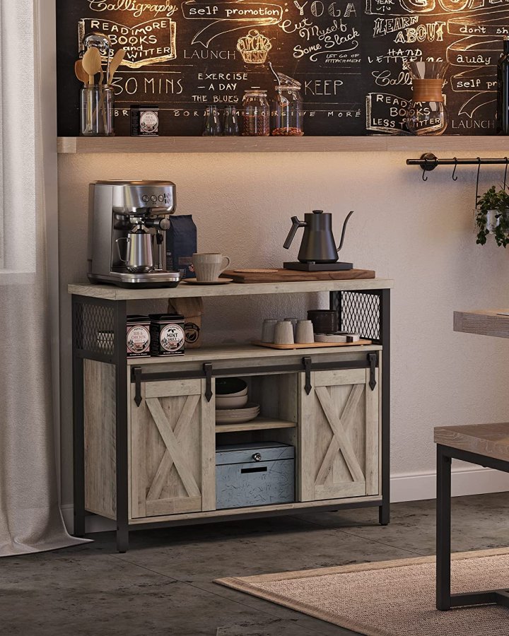 VASAGLE sknk, m. 2 skydelger og justerbare hylder - greige spnplade og sort stl