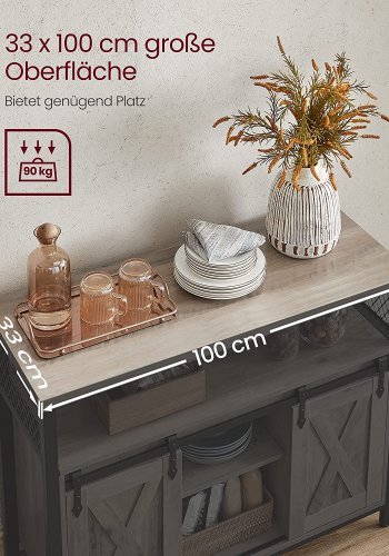 VASAGLE sknk, m. 2 skydelger og justerbare hylder - greige spnplade og sort stl