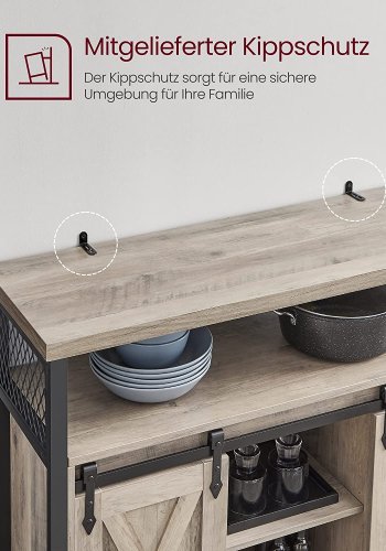 VASAGLE sknk, m. 2 skydelger og justerbare hylder - greige spnplade og sort stl