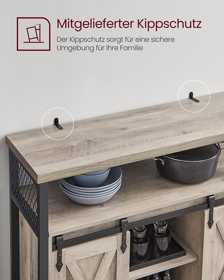 VASAGLE sknk, m. 2 skydelger og justerbare hylder - greige spnplade og sort stl