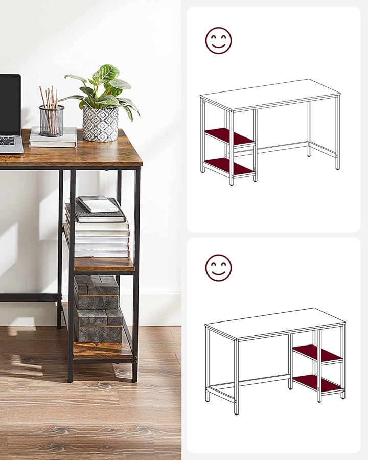 VASAGLE skrivebord, rektangulr, m. 2 hylder - rustik brun spnplade og sort stl (50x100)