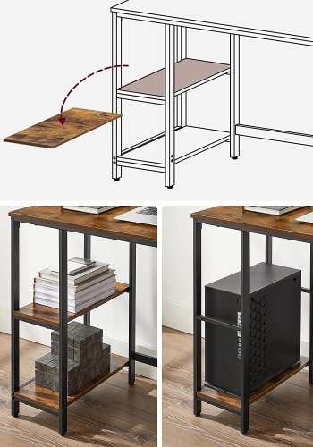 VASAGLE skrivebord, rektangulr, m. 2 hylder - rustik brun spnplade og sort stl (50x100)