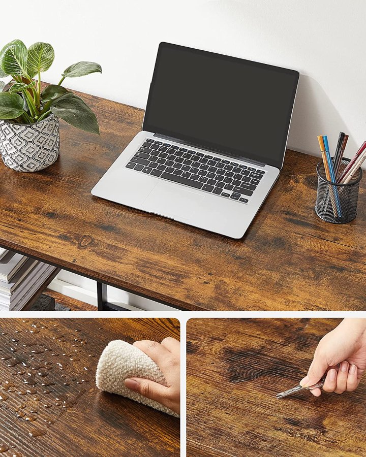 VASAGLE skrivebord, rektangulr, m. 2 hylder - rustik brun spnplade og sort stl (50x100)