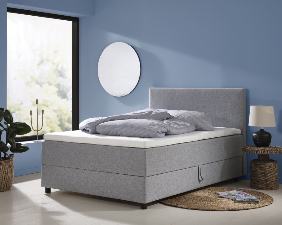 Space Dreams sengebund, m. opbevaring, u. topmadras - lysegr stof og sort tr (200x140)