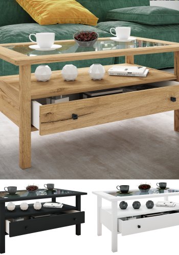 VCM NORDIC Lingis L sofabord, m. 1 skuffe - glas og hvid tr (90x53,5)