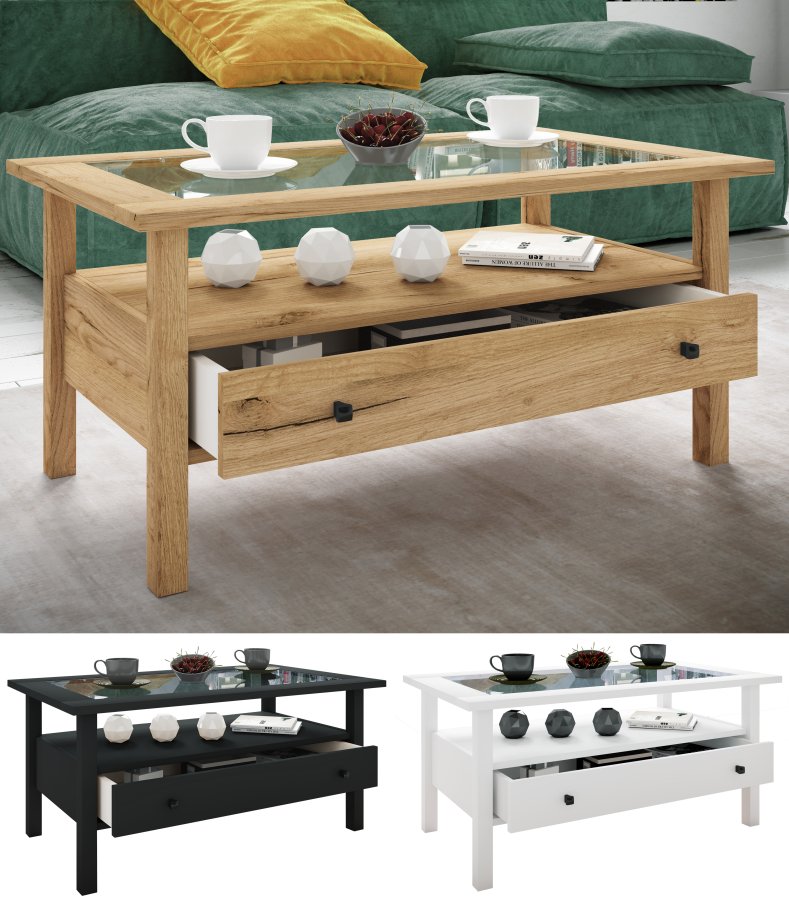 VCM NORDIC Lingis L sofabord, m. 1 skuffe - glas og sort tr (90x53,5)