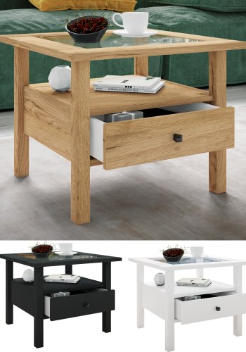 VCM NORDIC Lingis M sofabord, m. 1 skuffe - glas og hvid tr (53,5x53,5)