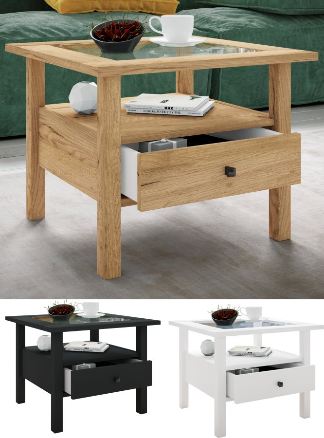 VCM NORDIC Lingis M sofabord, m. 1 skuffe - glas og sort tr (53,5x53,5)