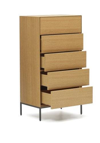 KAVE HOME Vedrana kommode, m. 5 skuffer - natur egefiner og sort stl