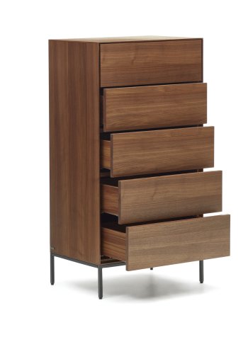 KAVE HOME Vedrana kommode, m. 5 skuffer - brun valnddefiner og sort stl