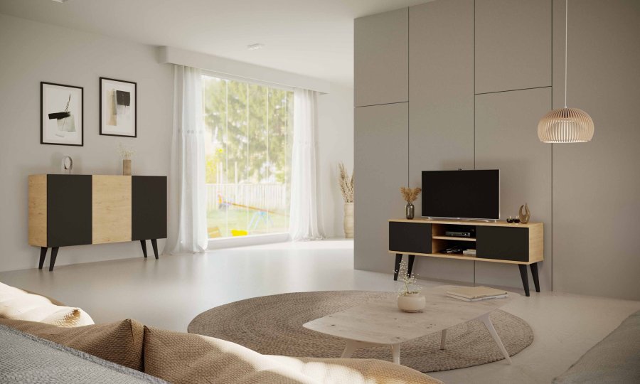 KOCOT RTV Toronto TV-bord, m. 2 lger og 1 hylde - natur og sort bgetr (120x35)