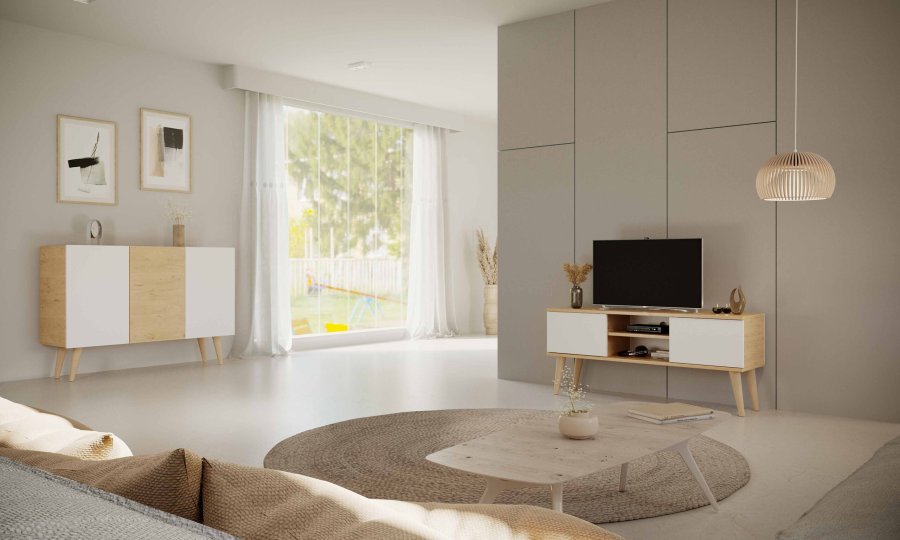 KOCOT RTV Toronto TV-bord, m. 2 lger og 1 hylde - natur og hvid bgetr (120x35)