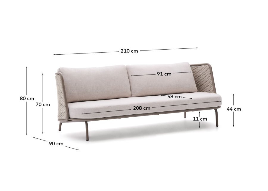 KAVE HOME Sedalis udendrs 3-personers sofa i aluminium og taupe reb 210cm