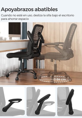 SONGMICS kontorstol, m. justerbar lndesttte, foldbare armln, hjul - sort mesh og stof