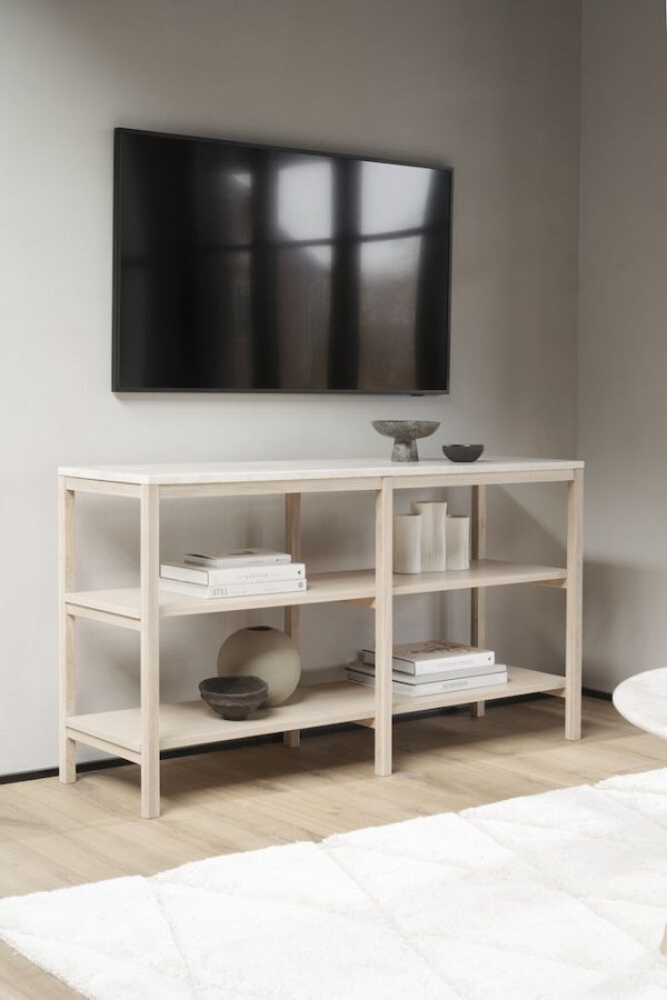 ROWICO Orwel konsolbord, m. 2 hylder - beige travertin og hvidvasket eg (140x40)