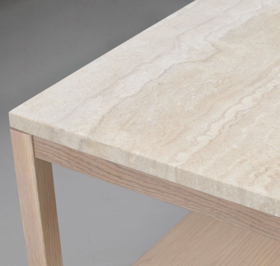 ROWICO Orwel sofabord, m. hylde - beige travertin og hvidvasket eg (140x60)