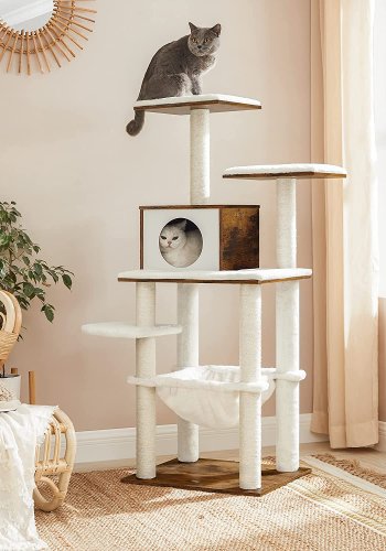 FEANDREA kradsetr, 5 niveauer, 2 platforme, 1 hule, 1 hngekje - plys, sisal og rustik brun tr