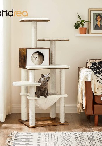 FEANDREA kradsetr, 5 niveauer, 2 platforme, 1 hule, 1 hngekje - plys, sisal og rustik brun tr