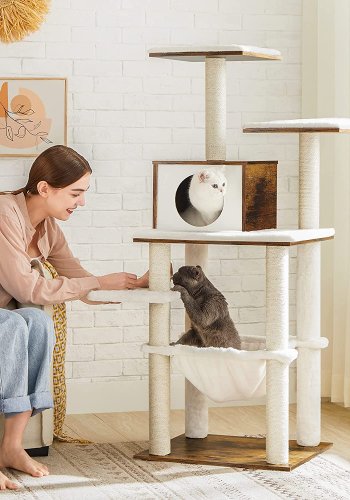 FEANDREA kradsetr, 5 niveauer, 2 platforme, 1 hule, 1 hngekje - plys, sisal og rustik brun tr