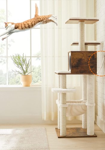 FEANDREA kradsetr, 5 niveauer, 2 platforme, 1 hule, 1 hngekje - plys, sisal og rustik brun tr