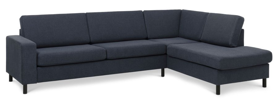 Pan set 3 OE right sofa med chaiselong - bl polyester stof og sort tr