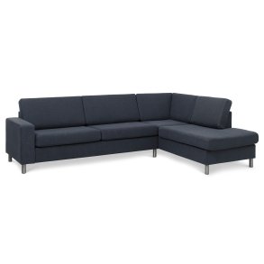Pan set 3 OE right sofa med chaiselong - bl polyester stof og brstet aluminium
