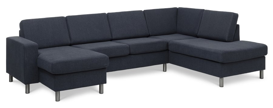 Pan set 5 U OE right sofa med chaiselong - bl polyester stof og brstet aluminium