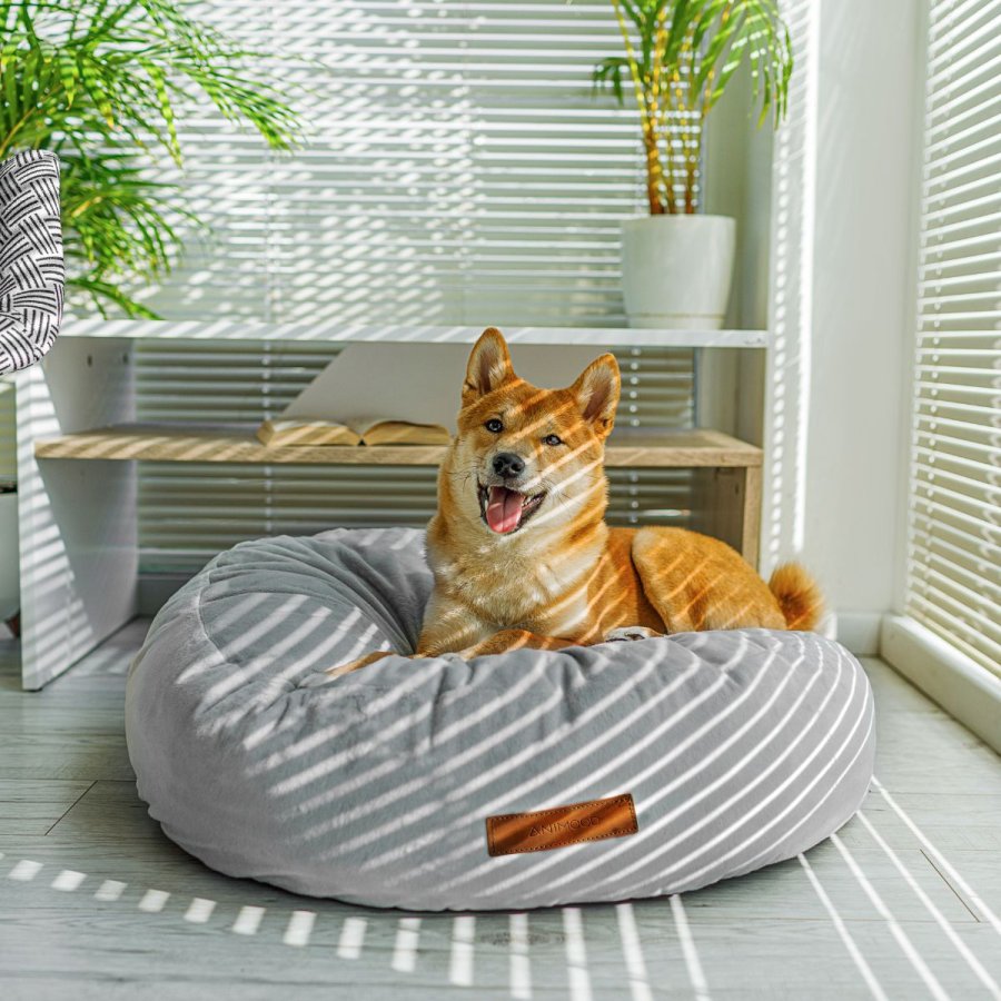 ANIMOOD Molly puf til kledyr, rund - lysegr fljl stof (67)