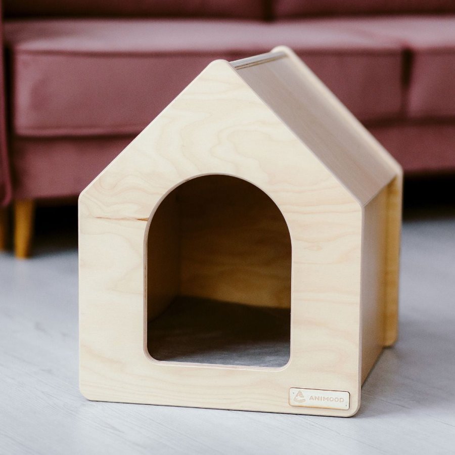ANIMOOD Rico hundehus, m. velourpude, rektangulr - natur krydsfinér tr (65x56)