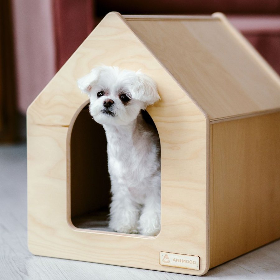 ANIMOOD Rico hundehus, m. velourpude, rektangulr - natur krydsfinér tr (65x56)